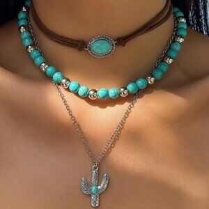 Boho Western Cactus Turquoise Layered Necklace – Southwestern Charm